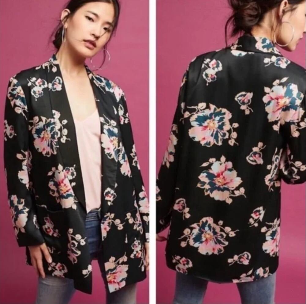 ANTHROPOLOGIE x ETT TWA Tavie Floral Satin SIlky Open Front Blazer Sz M {3Y9}